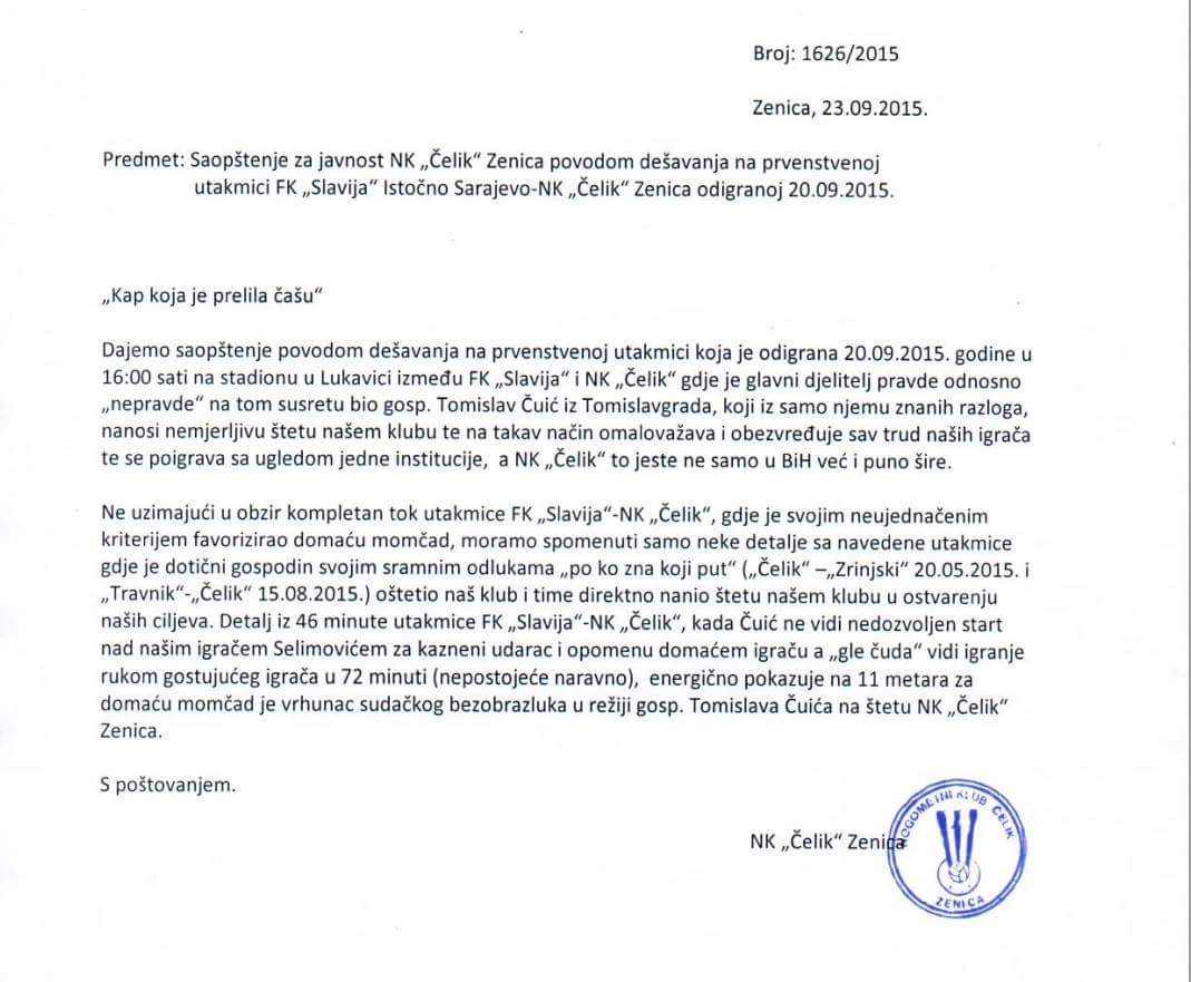 SAOPĆENJE ZA JAVNOST NK ČELIK: “Kap koja je prelila čašu”