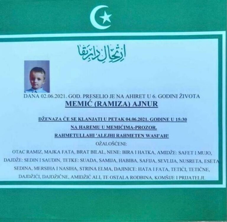 Poznato vrijeme i mjesto dženaze tragično stradalom petogodišnjem Ajnuru Memiću