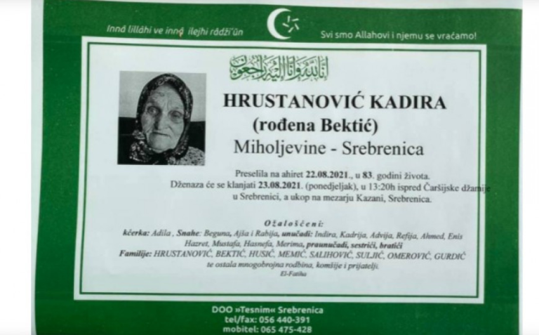 Na bolji svijet preselila nana Kadira Hrustanović: Noć uoči smrti je dozivala sina Rifeta koji je ubijen u genocidu u Srebrenici