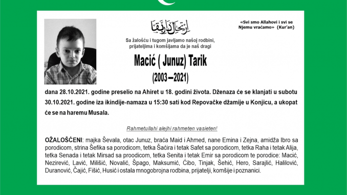 TUGA U BIH: Preminuo osamnaestogodišnji Tarik Macić