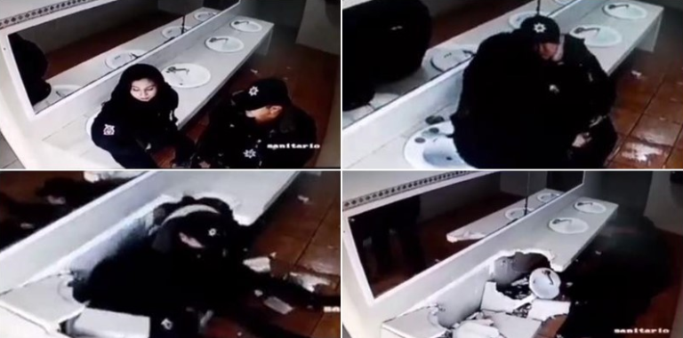 Kamera uhvatila policajce ‘na djelu’: Htjeli su se maziti u javnom WC-u, ali umivaonik nije izdržao!
