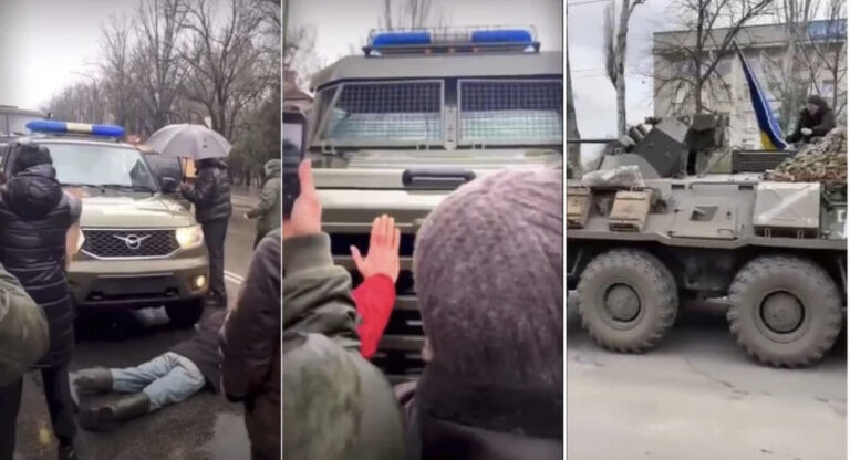 Zaustavljaju ih tijelima: Ukrajinac se popeo na ruski transporter i mahao zastavom