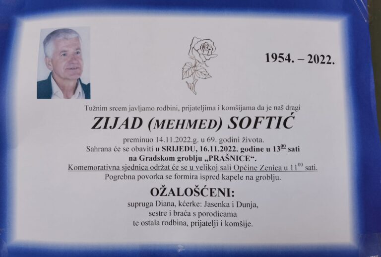 Zenica: Sutra komemoracija i sahrana Zijadu Softiću