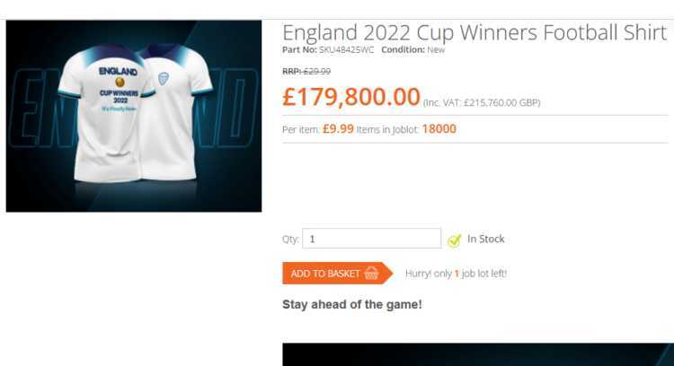Firma pokušava prodati 18.000 majica s natpisom “Engleska, pobjednici kupa 2022”