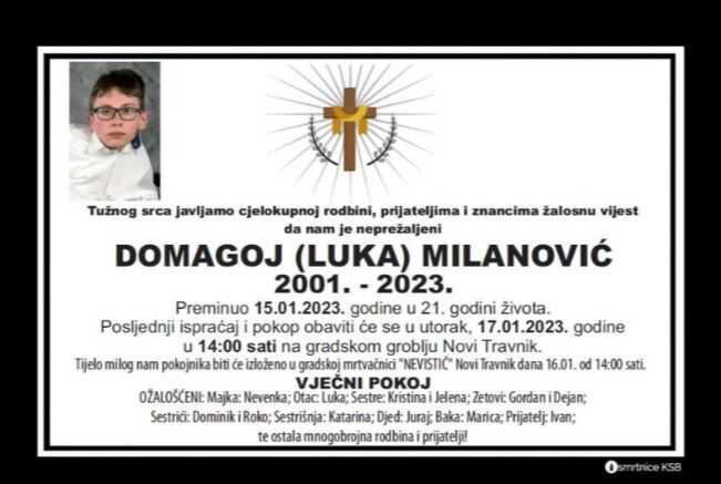 Porodica i prijatelji neutješni: U 21. godini preminuo Domagoj Milanović