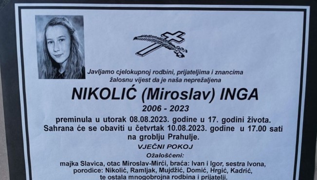 Tuga: Inga Nikolić iz Travnika iznenada preminula u 17 godini života