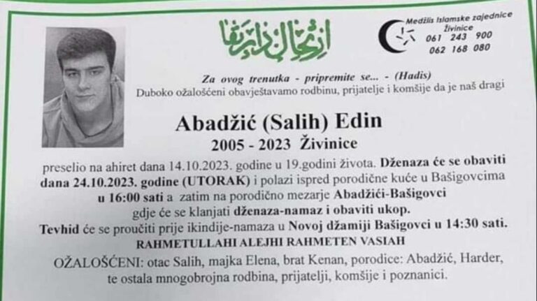 Tragedija u BiH: U 19. godini preminuo Edin Abadžić