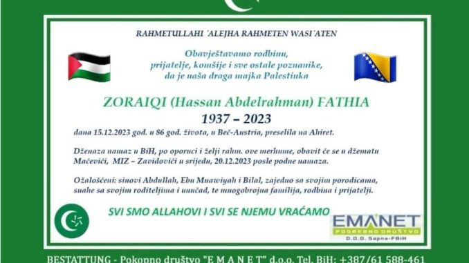 Majka Palestinka ostavila sinovima emanet da joj se dženaza klanja u BiH