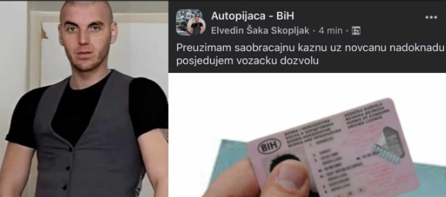 Elvedin Skopljak nudi usluge na Facebooku: Preuzima saobraćajne kazne i daje svoju vozačku