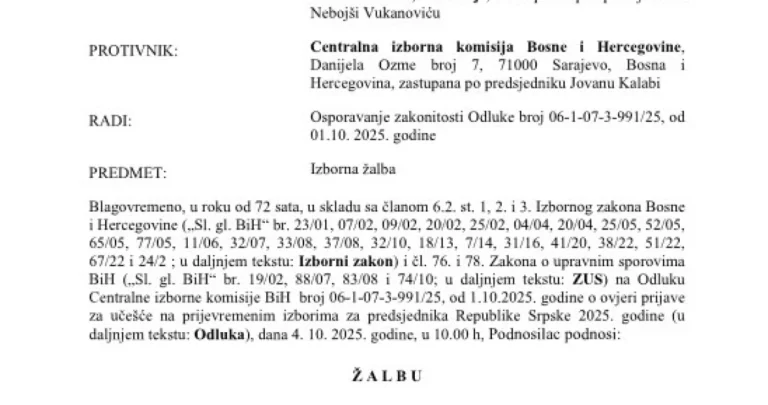 Vukanović uputio žalbu Sudu BiH: Traži poništenje odluke o prijavi SNSD-a za izbore