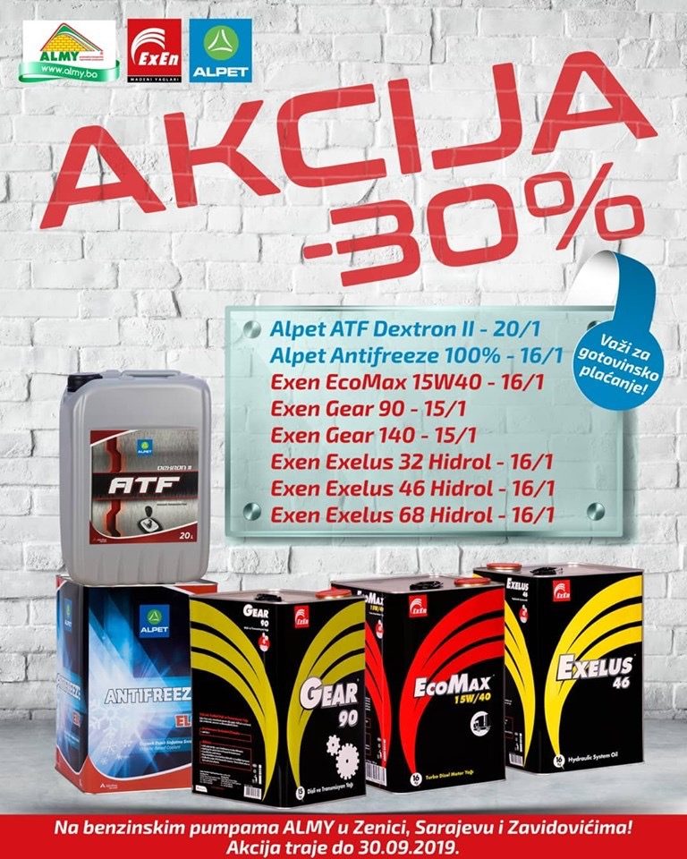 Benzinske pumpe Almy: Sniženje od 30% na odabrana Alpet i ExEn ulja i maziva
