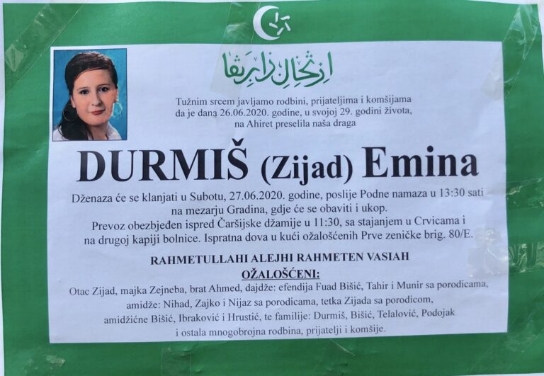 Zenica okovana tugom: Poznat termin dženaze mladoj Emini Durmiš